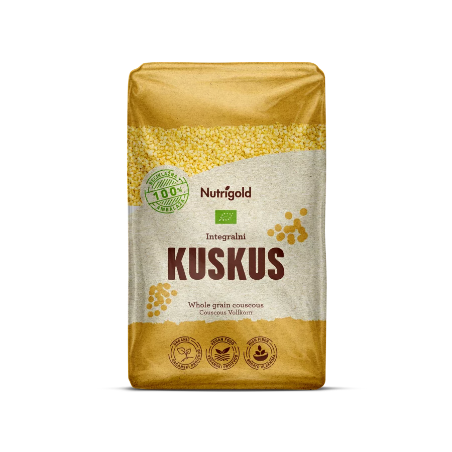 Nutrigold organic whole grain couscous in a transparent packaging of 1kg