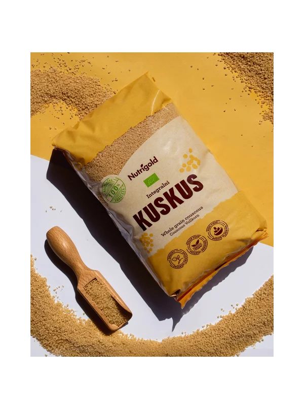 Nutrigold organic whole grain couscous in a transparent packaging of 1kg