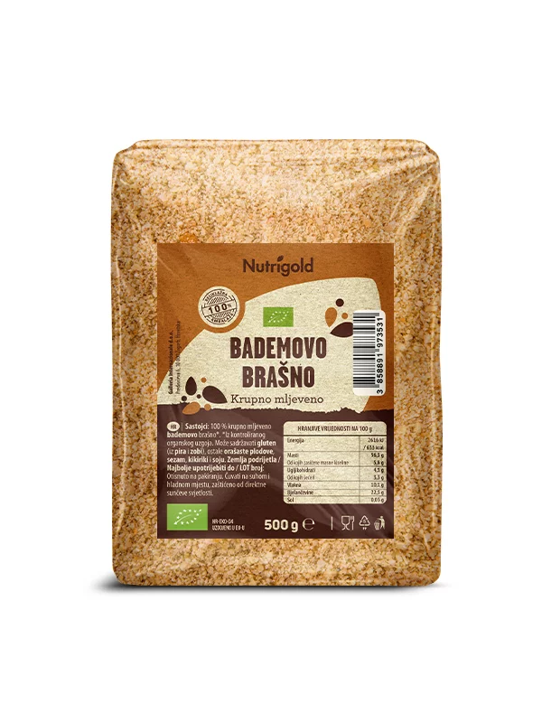 Nutrigold organic almond meal in 500g transparent packaging