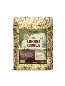 Nutrigold organic hulled hemp seeds in a transparent packaging of 500g