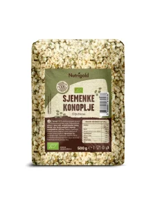 Nutrigold organic hulled hemp seeds in a transparent packaging of 500g