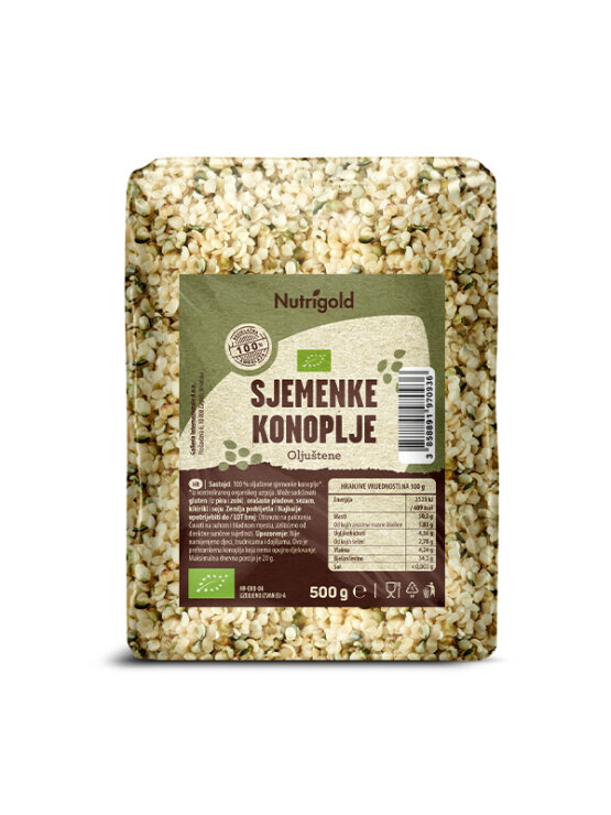 Nutrigold organic hulled hemp seeds in a transparent packaging of 500g