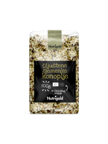 Nutrigold organic hulled hemp seeds in a transparent packaging of 500g