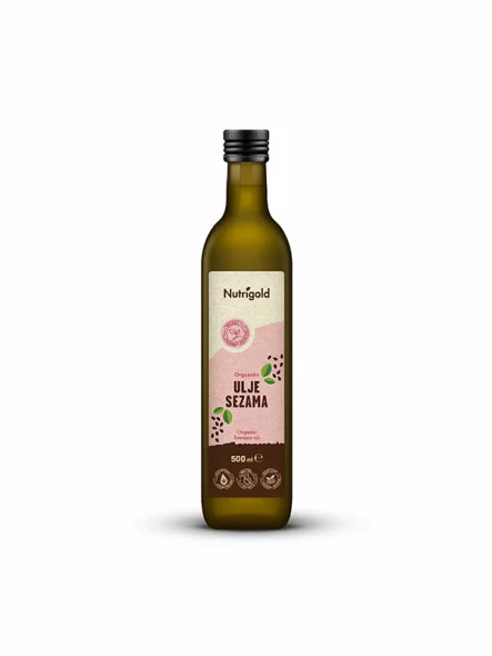 Nutrigold organic cold pressed sesame oil in a dark bottle of 500ml