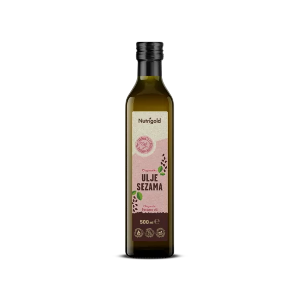 Nutrigold organic cold pressed sesame oil in a dark bottle of 500ml