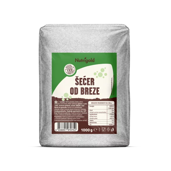 Nutrigold birch sugar xylitol in a transparent plastic packaging of 1000g