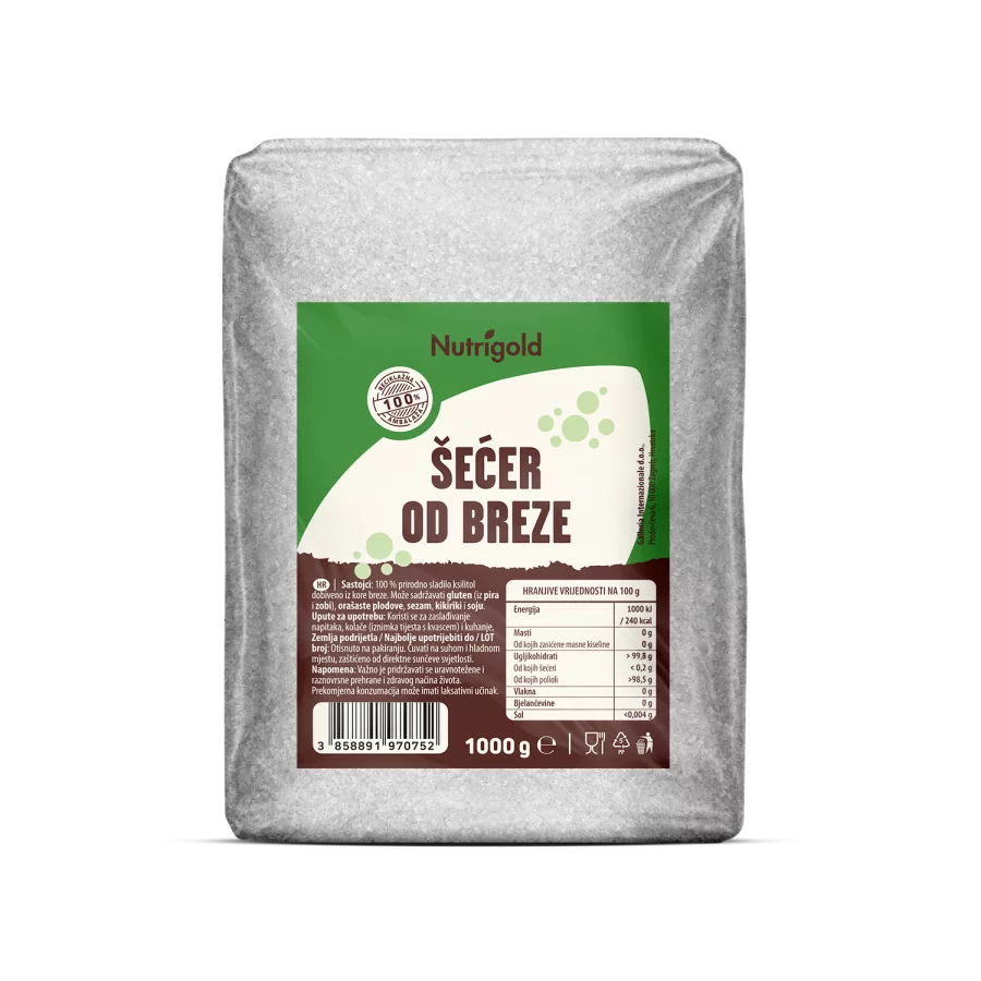 Nutrigold birch sugar xylitol in a transparent plastic packaging of 1000g