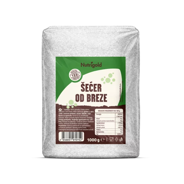 Nutrigold birch sugar xylitol in a transparent plastic packaging of 1000g