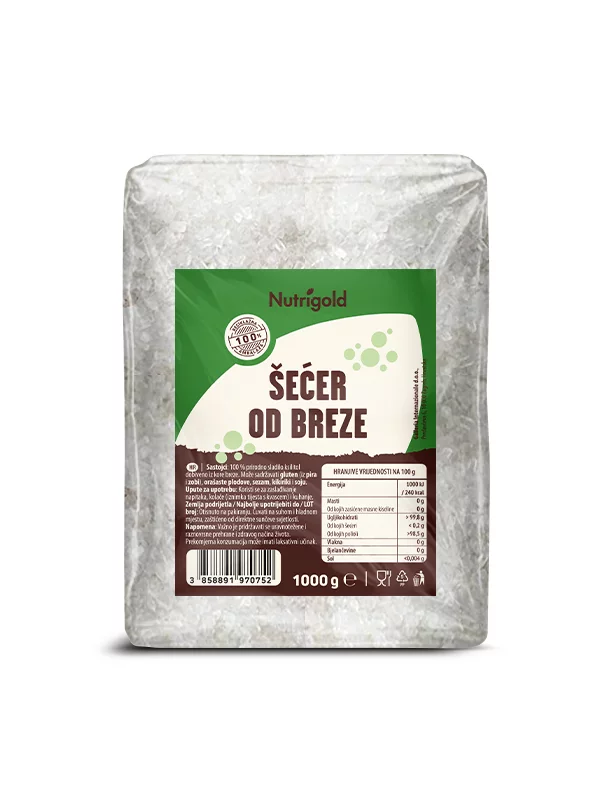 Nutrigold birch sugar xylitol in a transparent plastic packaging of 1000g