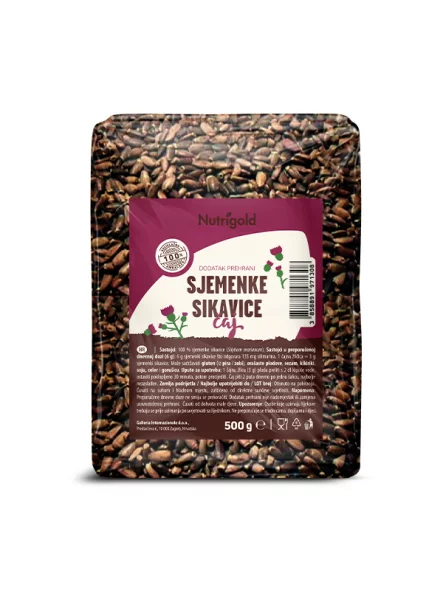 Nutrigold milk thistle seeds in a transparent packaging of 500g