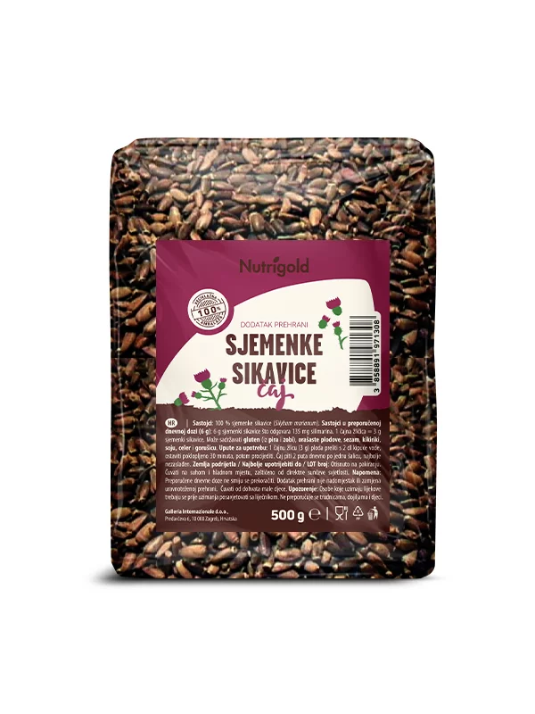 Nutrigold milk thistle seeds in a transparent packaging of 500g