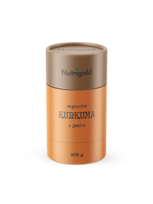 Nutrigold organic turmeric powder in orange cardboard cylinder shaped packaging of 100g