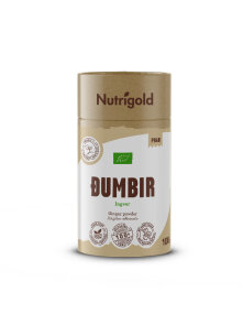 Nutrigold organic ginger powder in a cylinder cardboard packaging of 100g