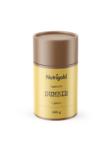 Nutrigold organic ginger powder in a cylinder cardboard packaging of 100g