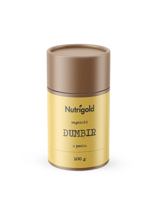 Nutrigold organic ginger powder in a cylinder cardboard packaging of 100g