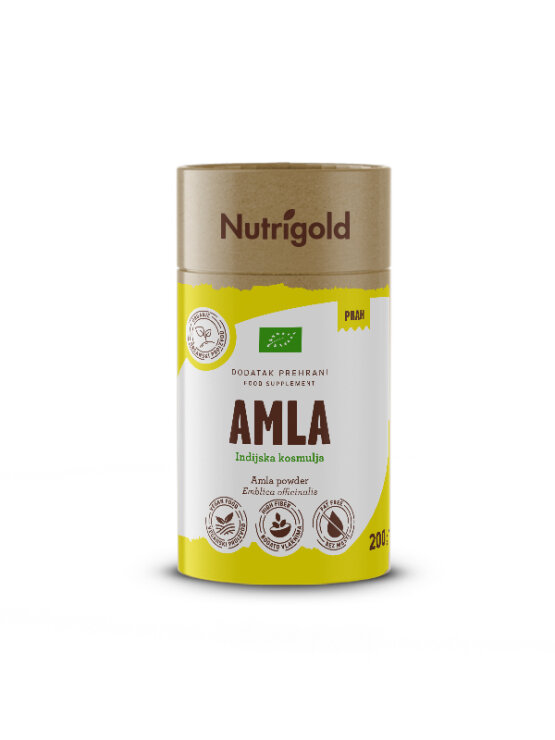 Nutrigold amla powder organically cultivated in a brown container of 200 grams