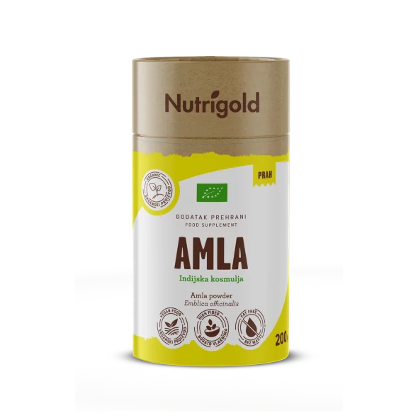 Nutrigold amla powder organically cultivated in a brown container of 200 grams