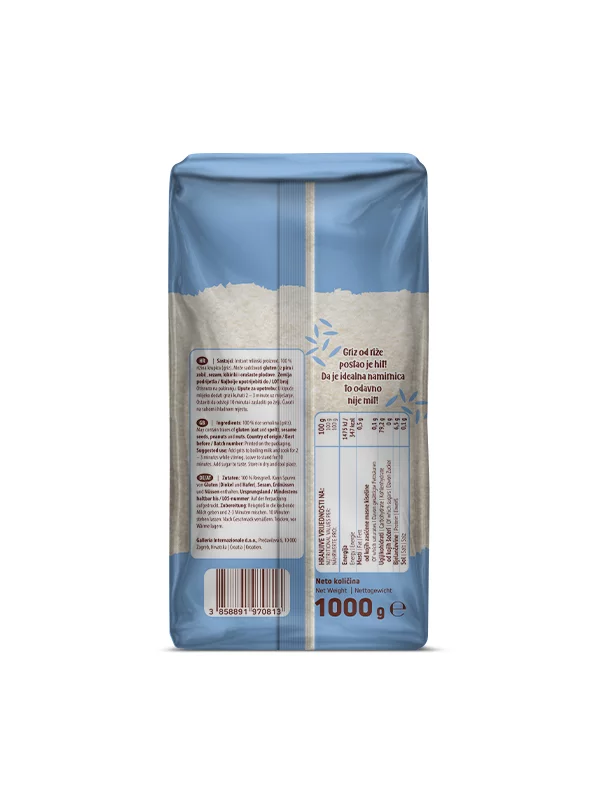 Nutrigold rice grits in a transparent packaging of 1000g