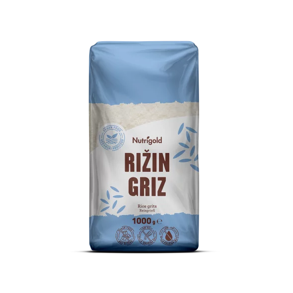 Nutrigold rice grits in a transparent packaging of 1000g