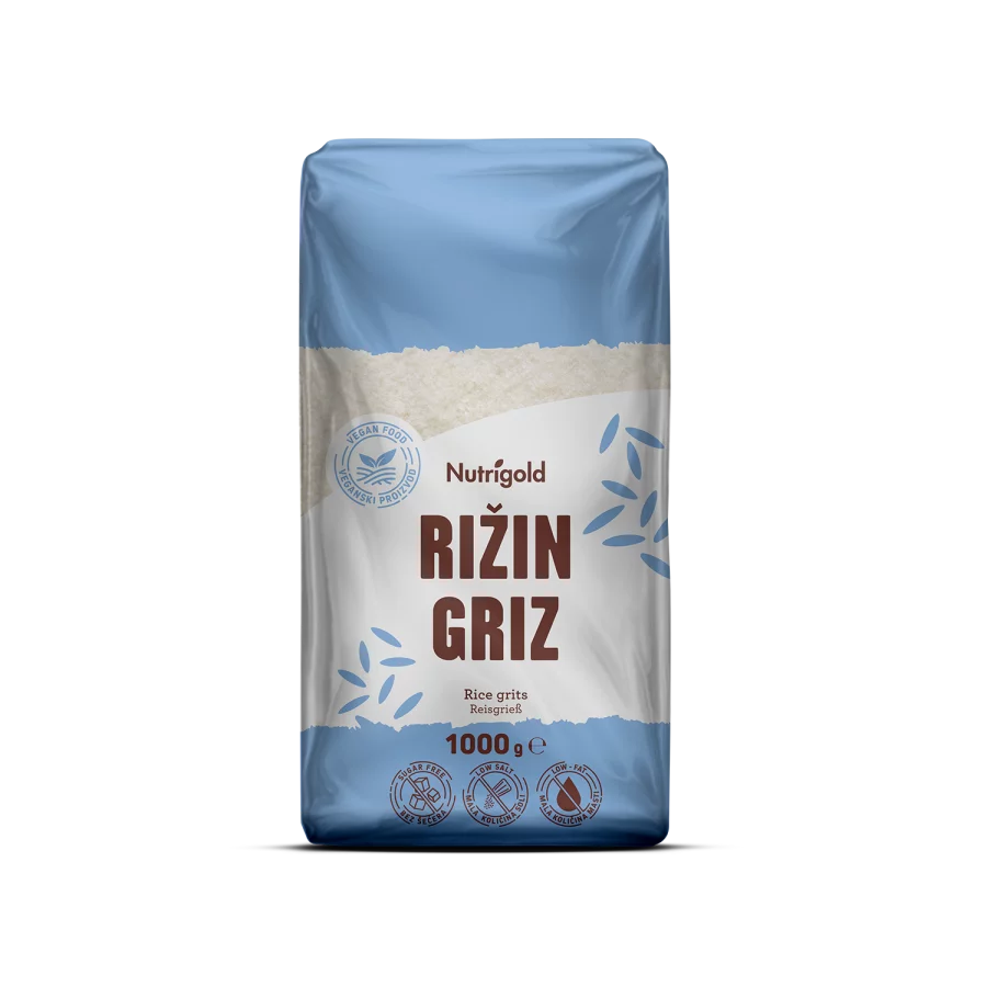 Nutrigold rice grits in a transparent packaging of 1000g