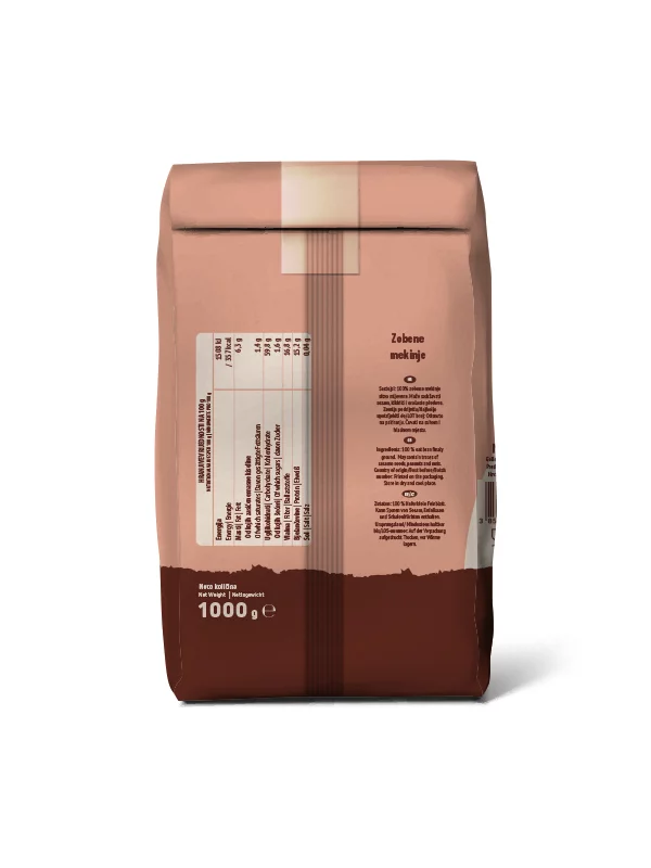 Nutrigold finely ground oat bran in a brown paper packaging of 1000g