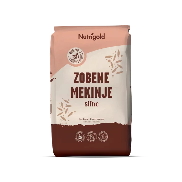 Nutrigold finely ground oat bran in a brown paper packaging of 1000g