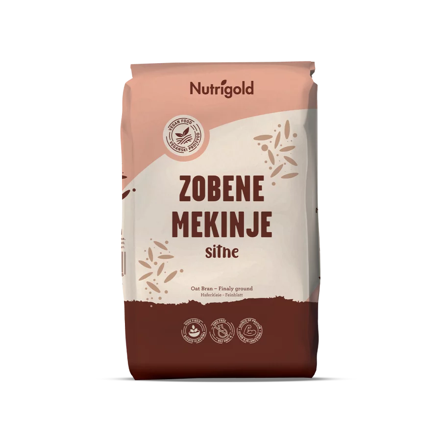Nutrigold finely ground oat bran in a brown paper packaging of 1000g