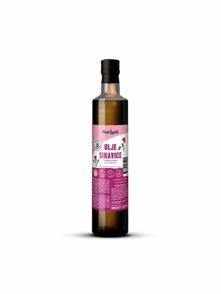 Nutrigold cold pressed milk thistle oil in a dark glass bottle of 500ml