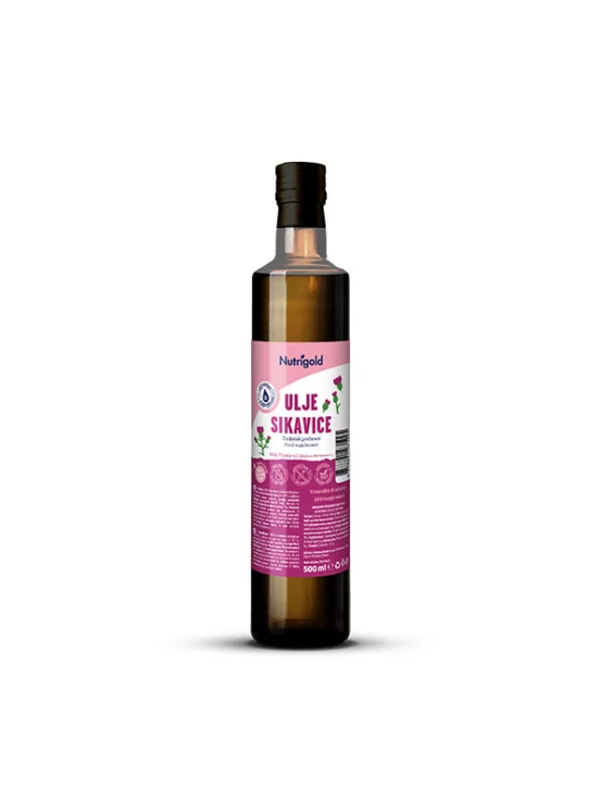 Nutrigold cold pressed milk thistle oil in a dark glass bottle of 500ml