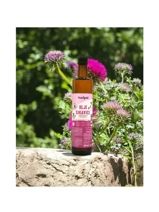 Nutrigold cold pressed milk thistle oil in a dark glass bottle of 500ml