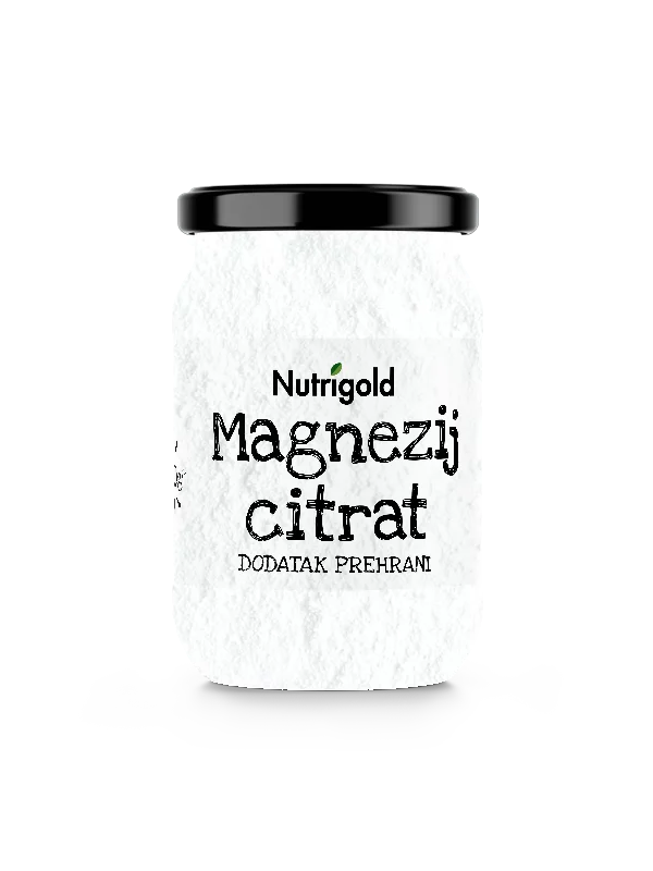 Nutrigold magnesium citrate in a glass jar of 400g
