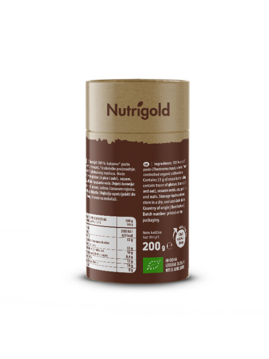 Nutrigold organic cocoa paste wafers in a cylinder shaped packaging of 200g