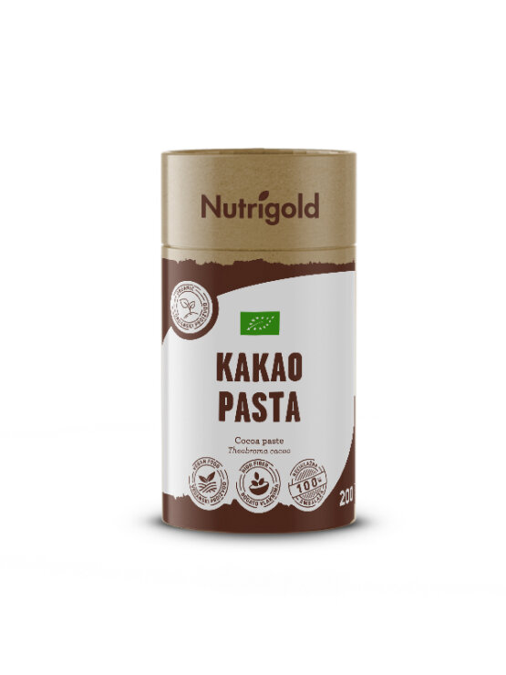 Nutrigold organic cocoa paste wafers in a cylinder shaped packaging of 200g