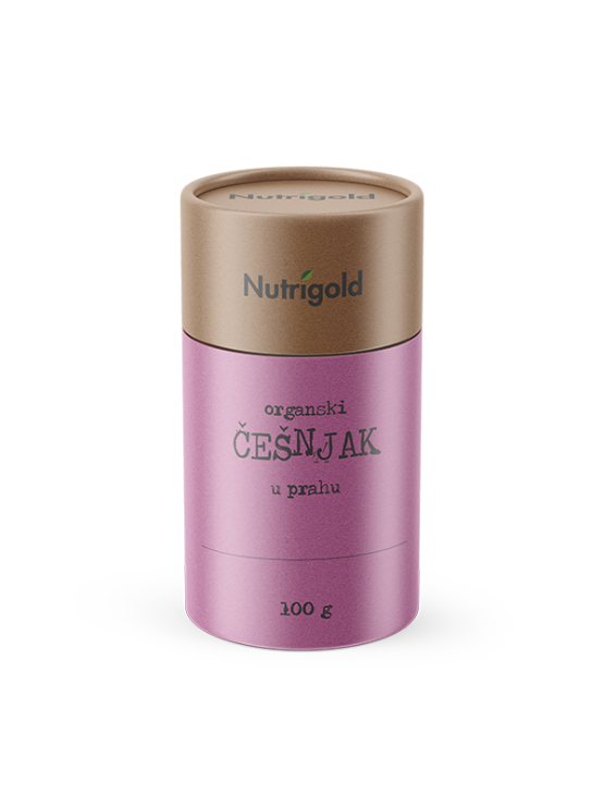 Nutrigold organic garlic powder in cardboard cylinder shaped packaging 100g