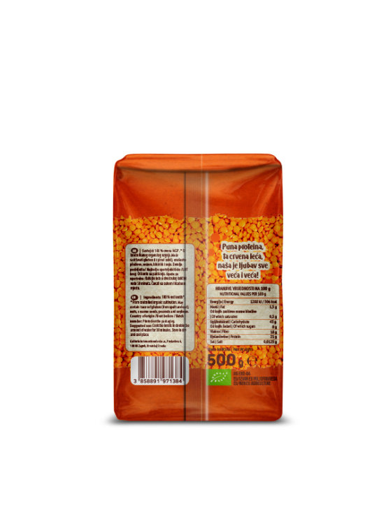 Nutrigold organic red lentils in a transparent packaging of packaging of 500g