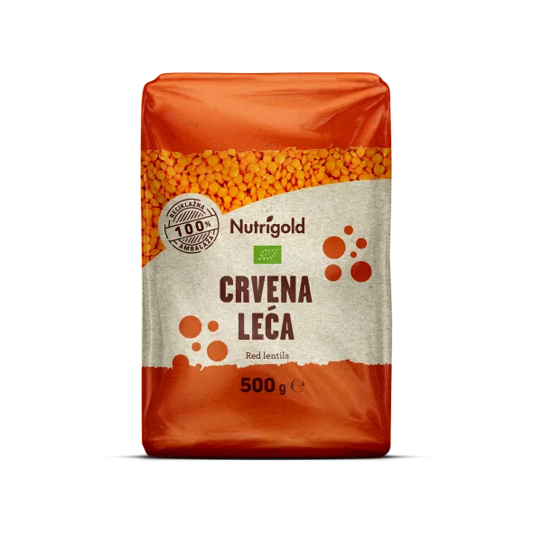 Nutrigold organic red lentils in a transparent packaging of packaging of 500g