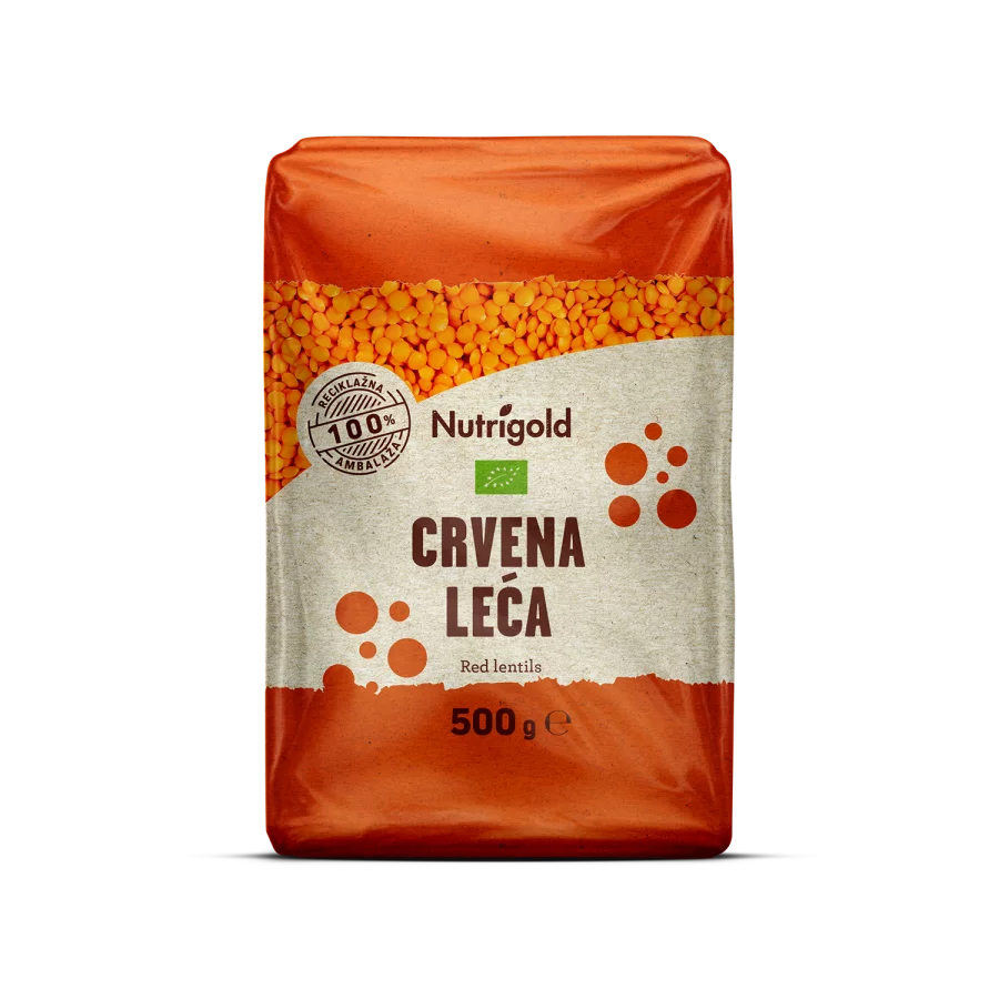 Nutrigold organic red lentils in a transparent packaging of packaging of 500g