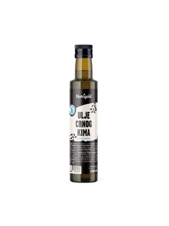 Nutrigold cold pressed black cumin oil in a dark glass bottle of 250ml