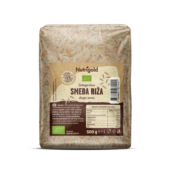 Nutrigold organic long grain brown rice in a transaprent packaging of 500g