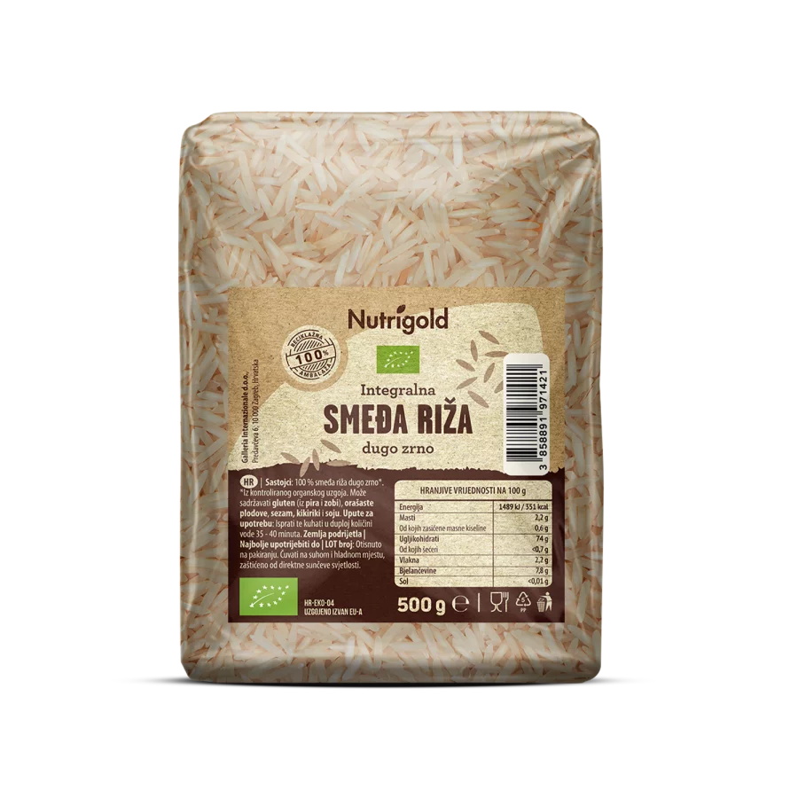 Nutrigold organic long grain brown rice in a transaprent packaging of 500g
