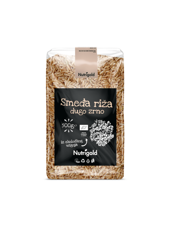 Nutrigold organic long grain brown rice in a transaprent packaging of 500g