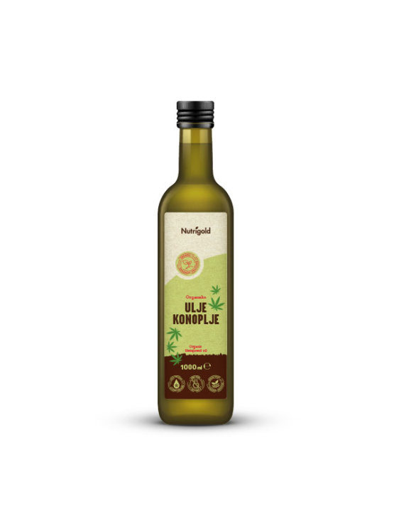 Nutrigold organic cold pressed hemp oil in a green bottle of 1000ml