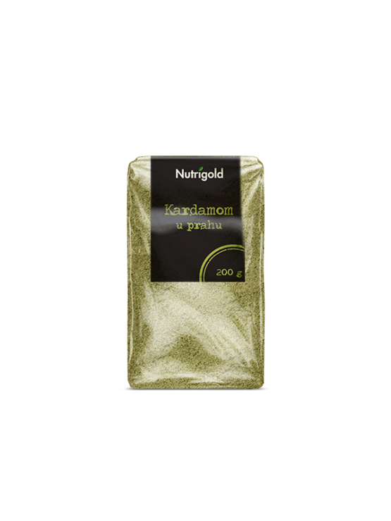 Nutrigold green cardamom powder in a transparent packaging of 200g