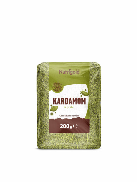 Nutrigold green cardamom powder in a transparent packaging of 200g