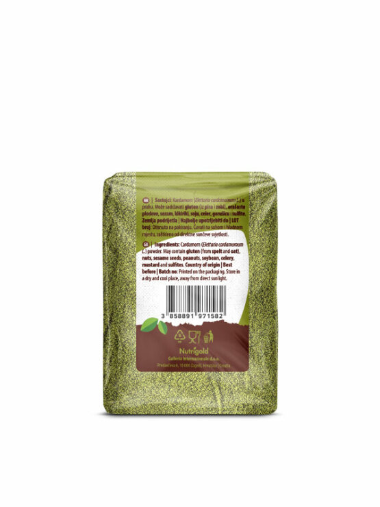 Nutrigold green cardamom powder in a transparent packaging of 200g