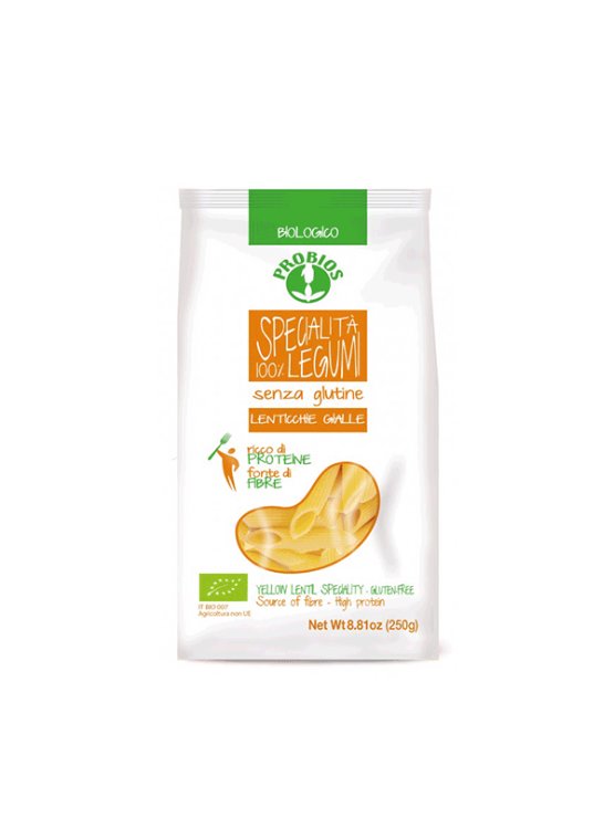 Probios organic yellow lentil penne pasta in a packaging of 250g