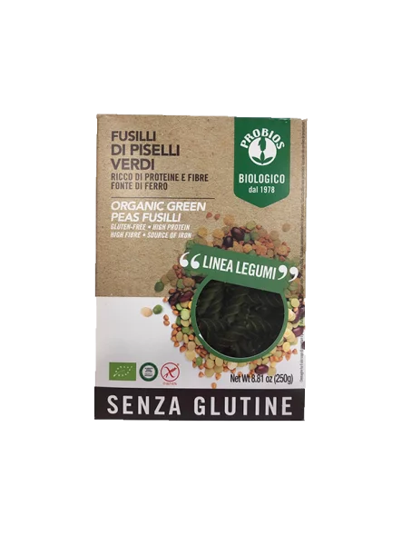 Probios organic green pea fusilli pasta in a 250g packaging