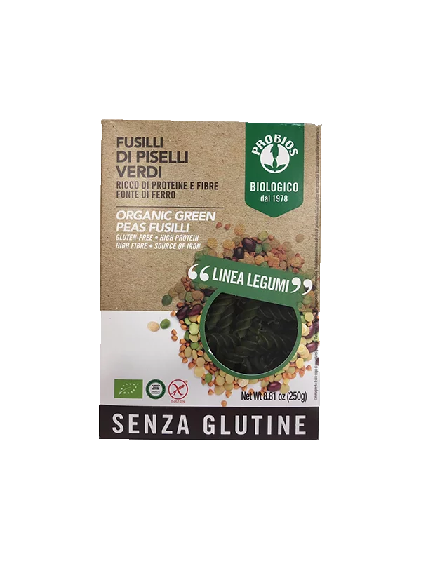 Probios organic green pea fusilli pasta in a 250g packaging