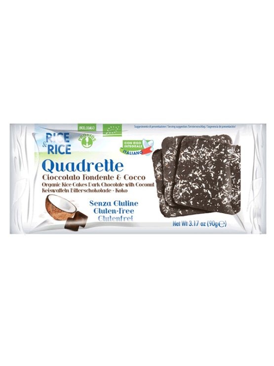 Probios organic cocoa and coconut rice quadretti in a packaging of 100g