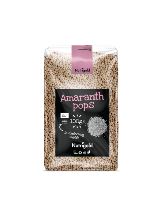 Organic Amaranth pops in a plastic container, 100 grams